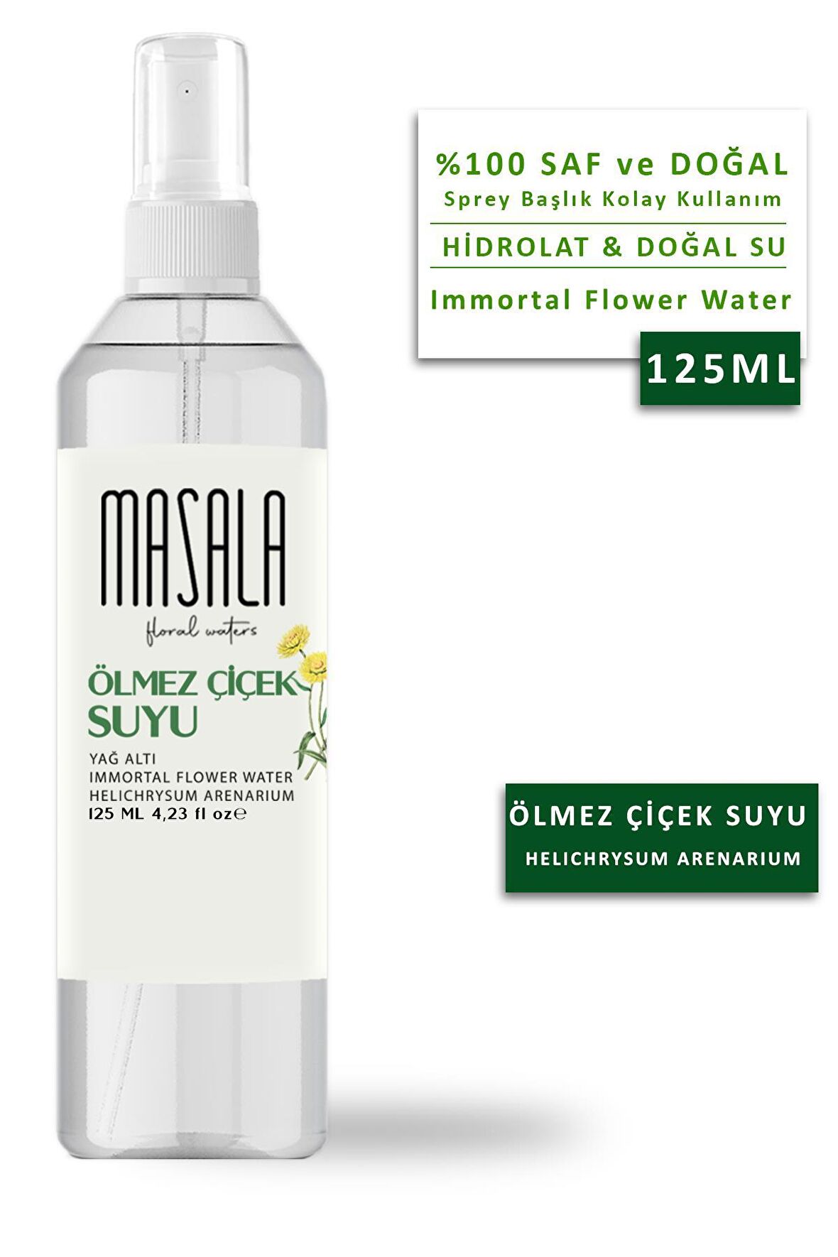 Masala Saf Ölmez Çiçek Suyu 125 ml %100 Doğal Yağlı Hidrosol - Tonik İmmortal Flower Water Hydrosol Tonic