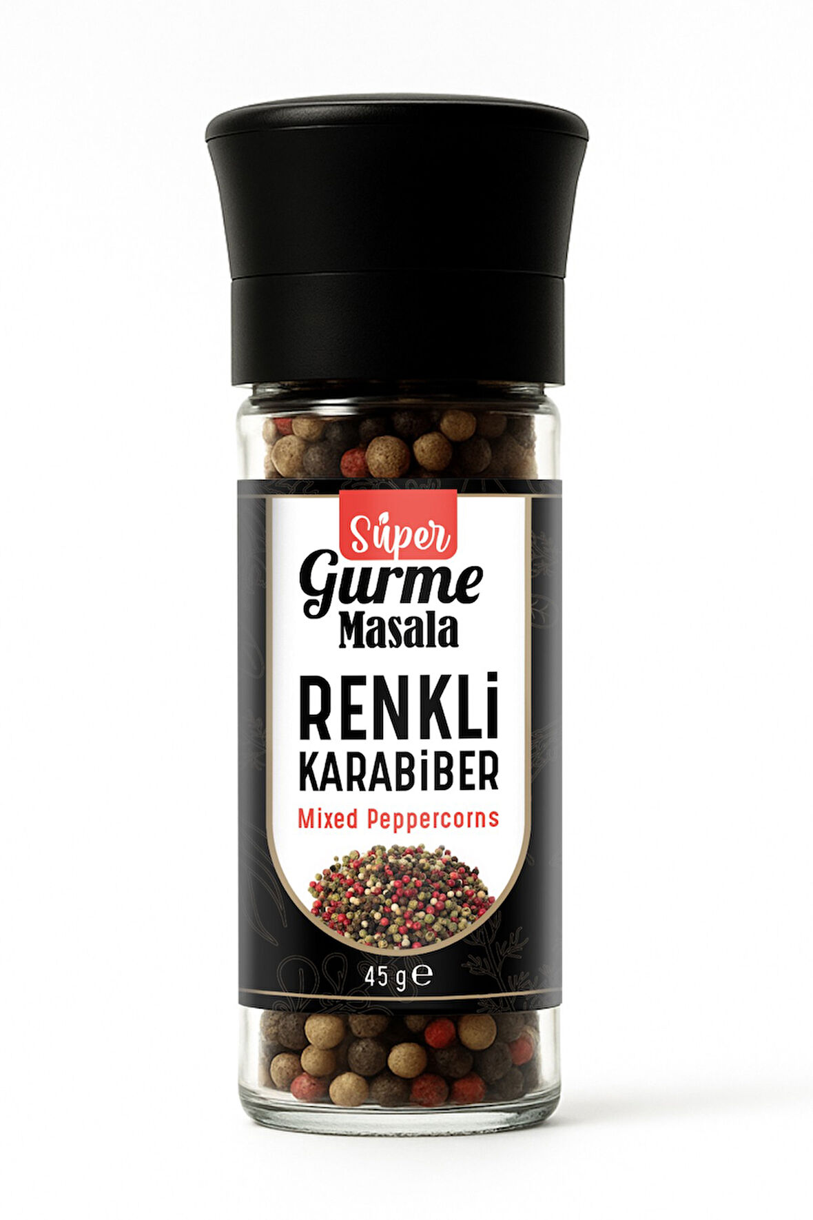 Renkli Karabiber Taneleri 45 gr – Cam Değirmen Kapak – Kırmızı, Yeşil, Beyaz ve Siyah Karabiber Karışımı
