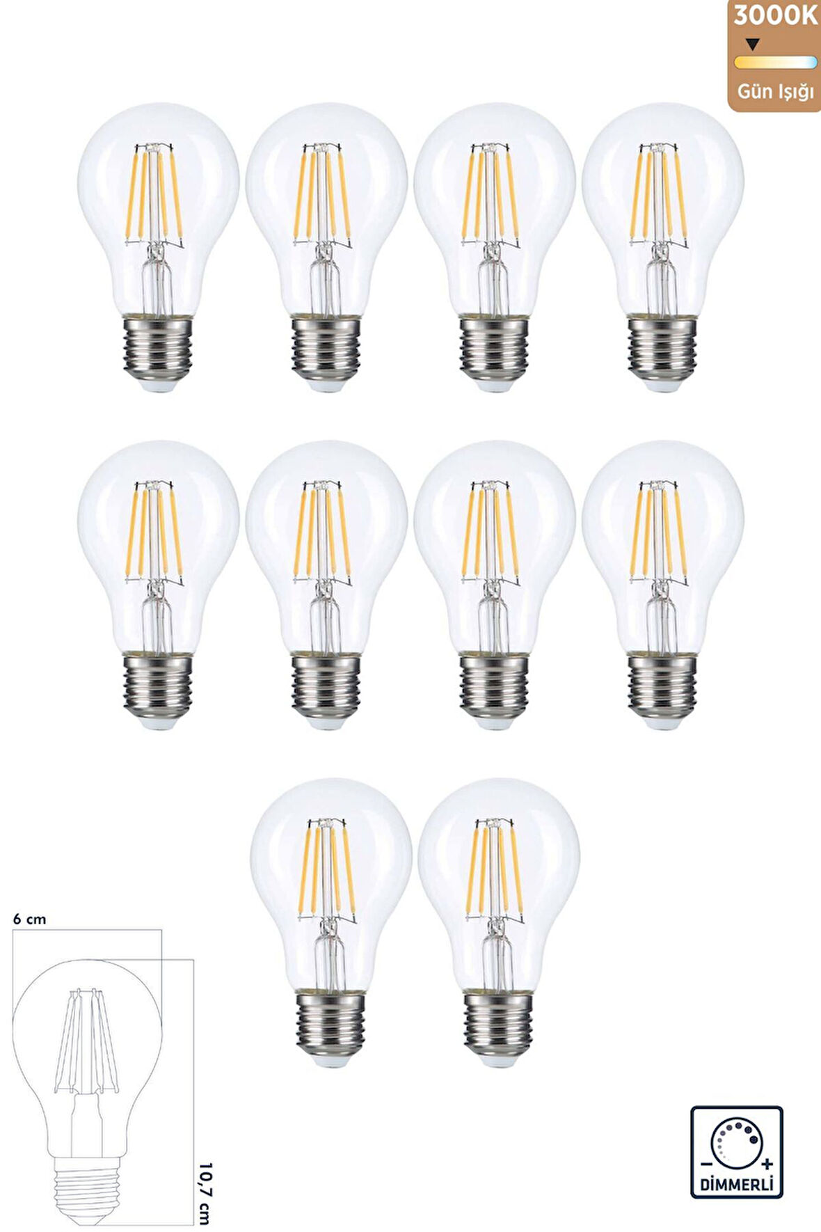 LED Filament Rustik Ampul E27 8W 3000K Gün Işığı 10'lu ERD-252