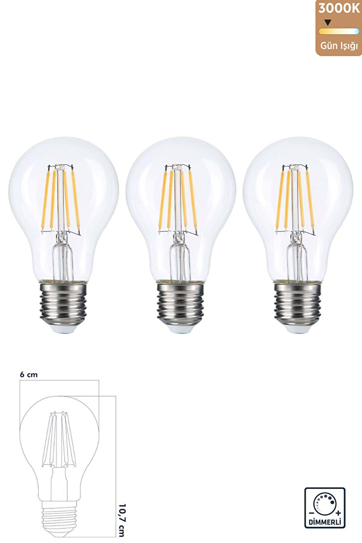 LED Filament Rustik Ampul E27 8W 3000K Gün Işığı 3'lü ERD-252