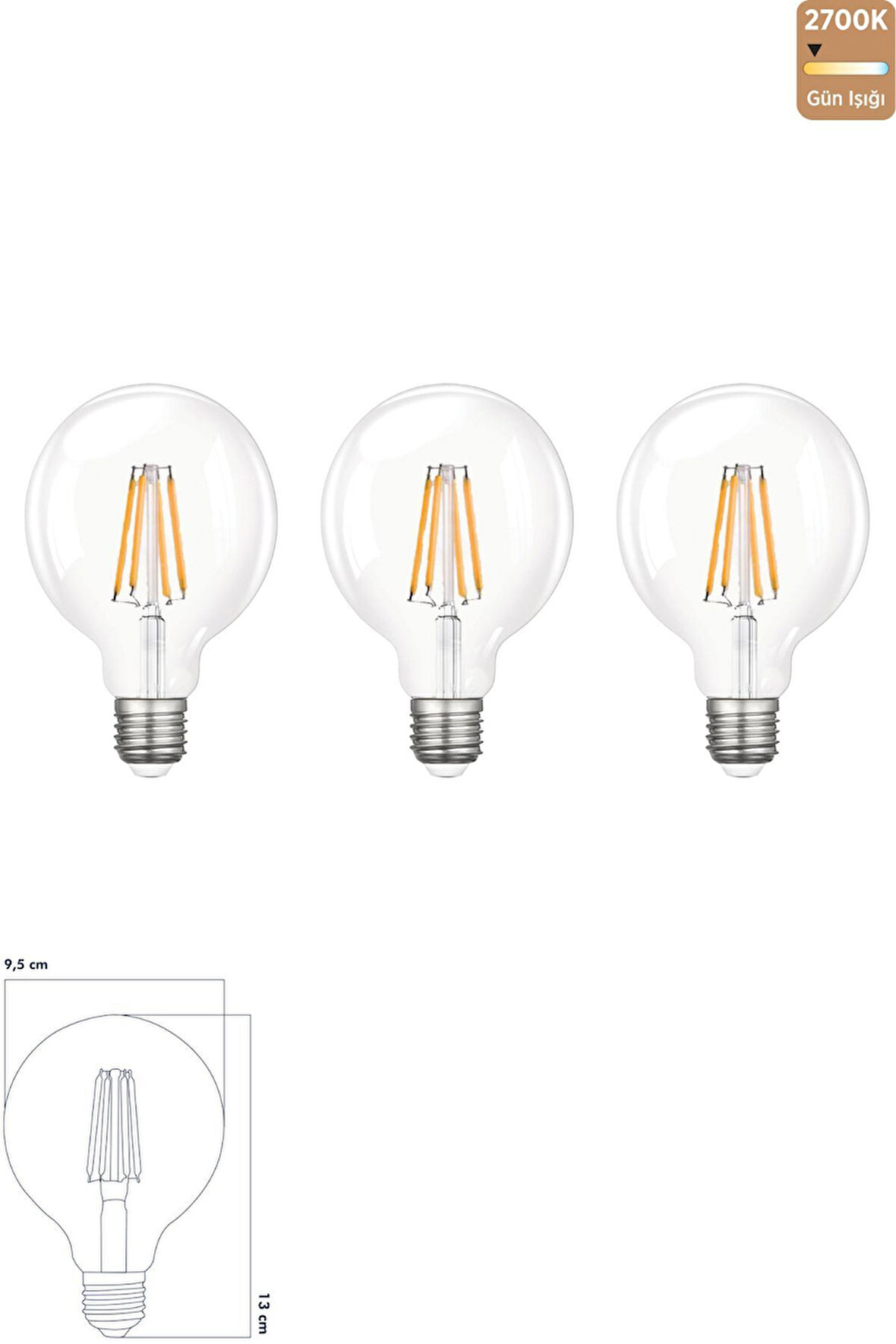 Rustik LED Ampul E27 G95 6W 2700K Gün Işığı 3'lü ERD-88