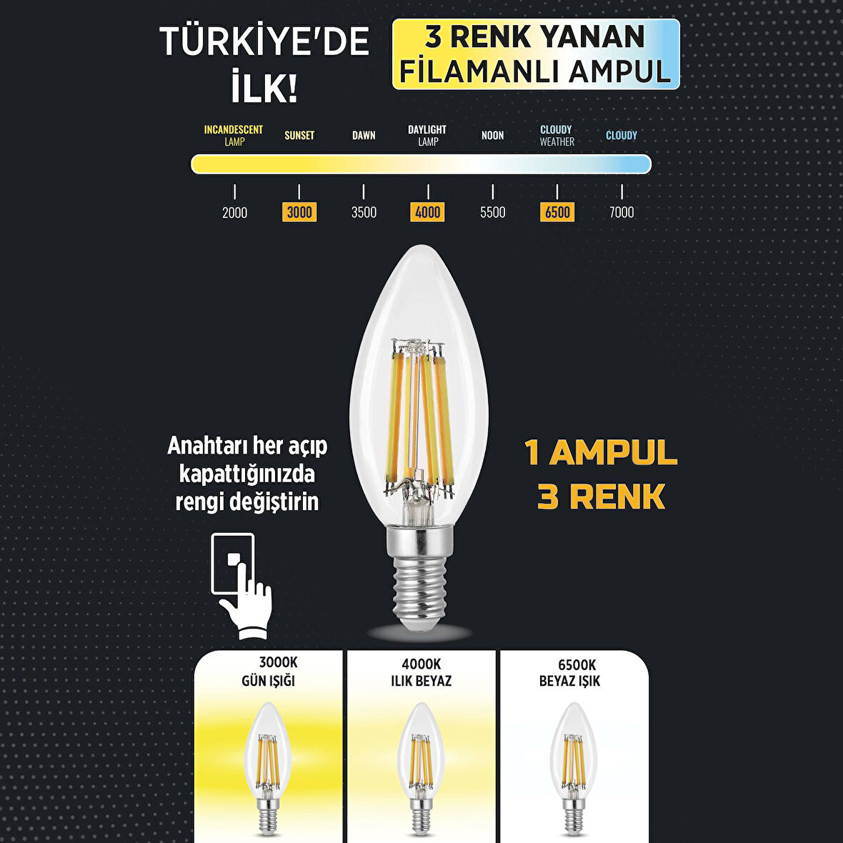 Heka 3 Renkli Led Filament Rustik Ampul 6W E14 C35 ERD-260