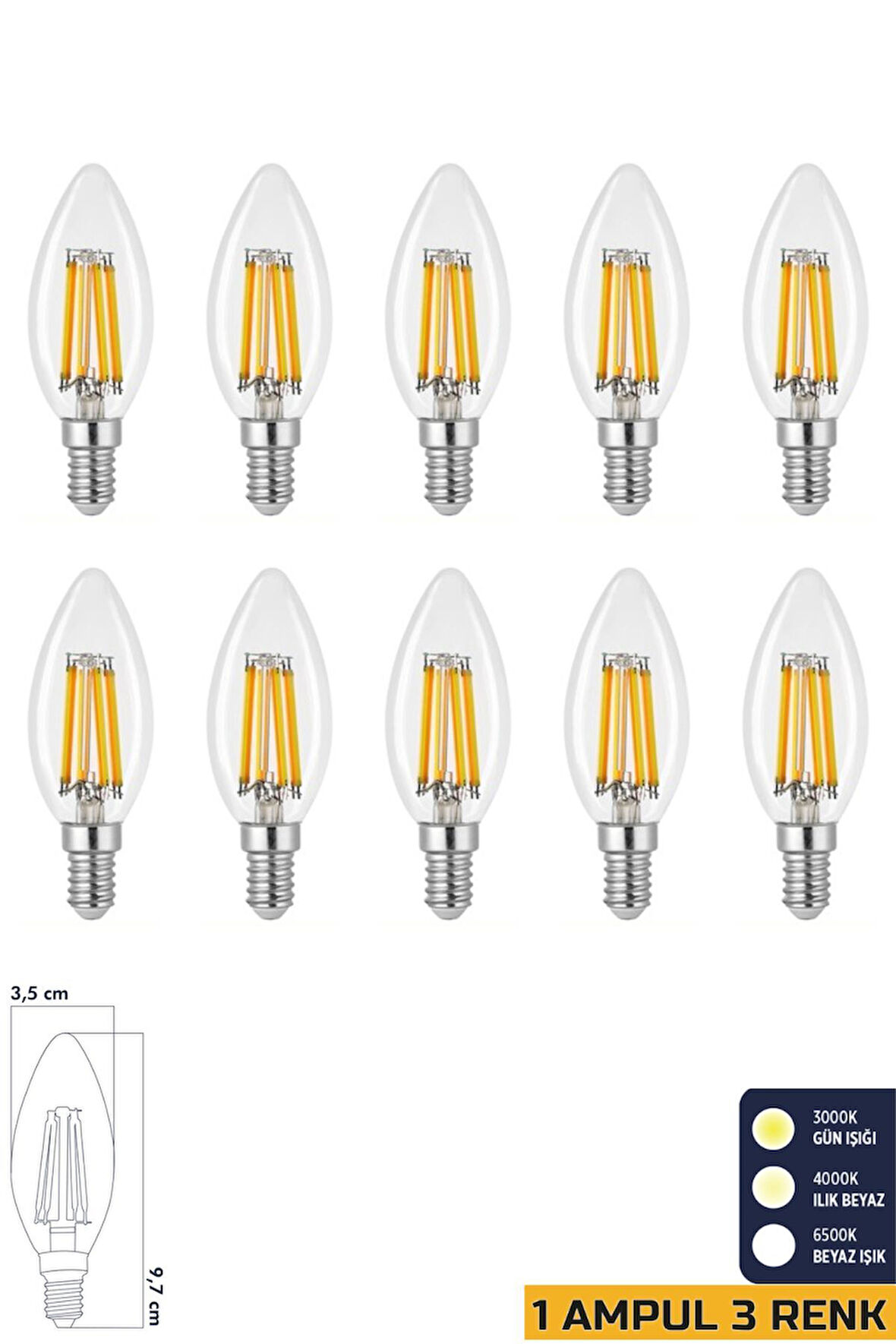 3 Renkli Led Filament Rustik Ampul 6W E14 C35 ERD-260