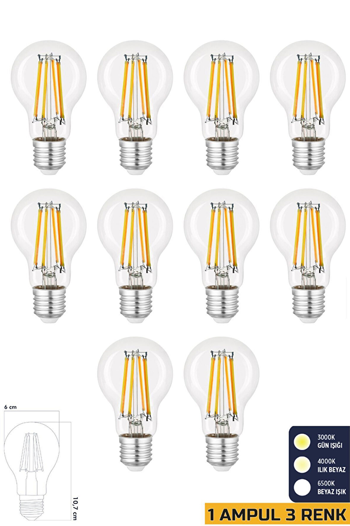 3 Renkli Led Filament Rustik Ampul 6W E27 A60 ERD-261