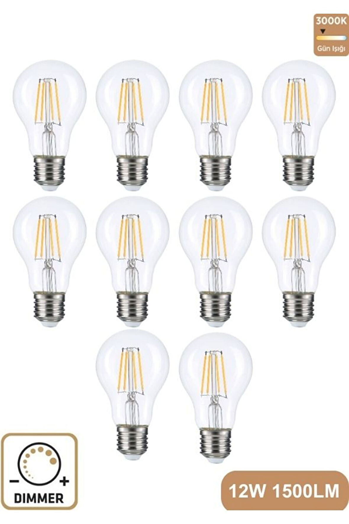 A60 Şeffaf 12W 3000K E27 Günışığı LED Dimmerli Ampul 10'lu Erd-304