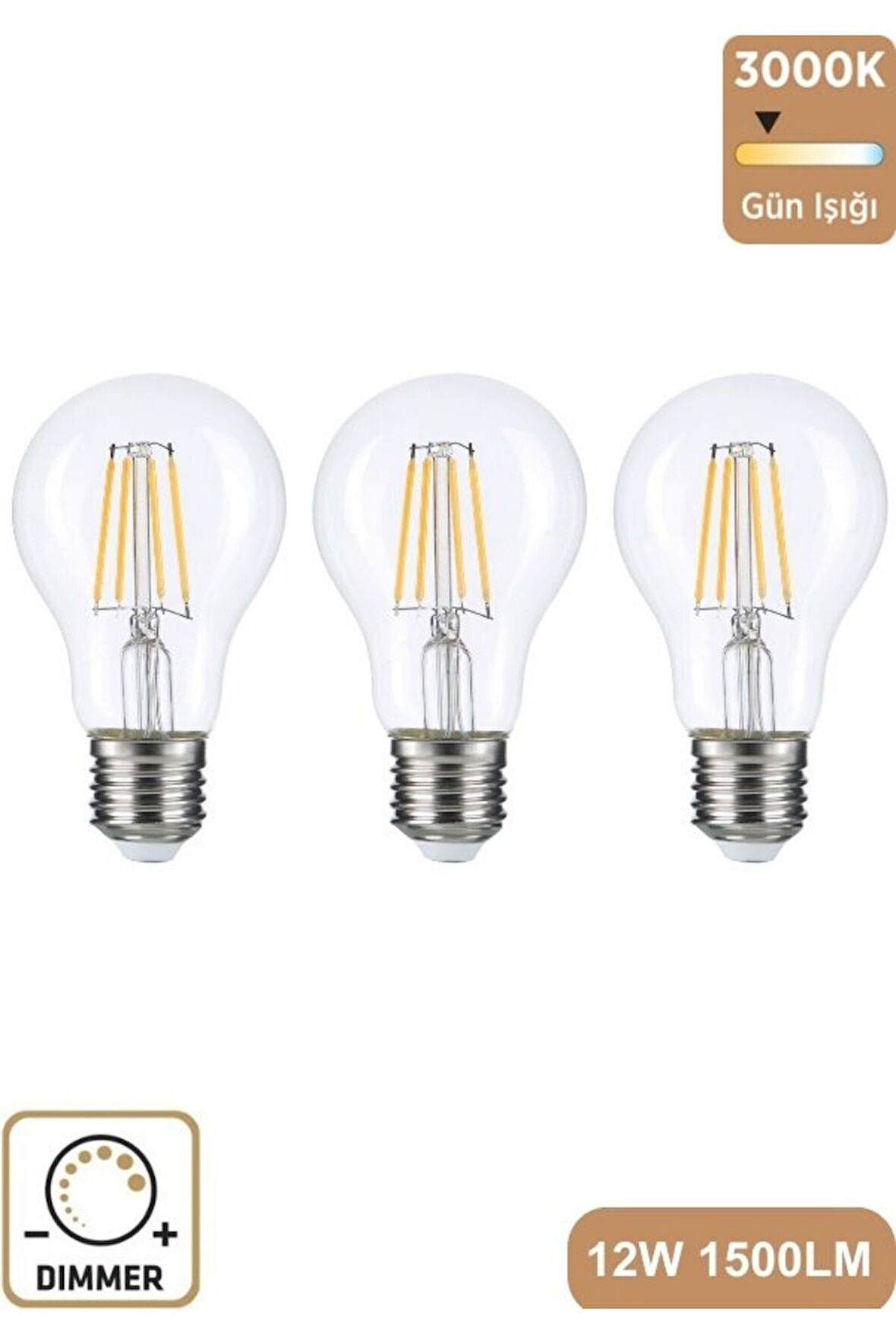 A60 Şeffaf 12W 3000K E27 Günışığı LED Dimmerli Ampul 3'lü Erd-304