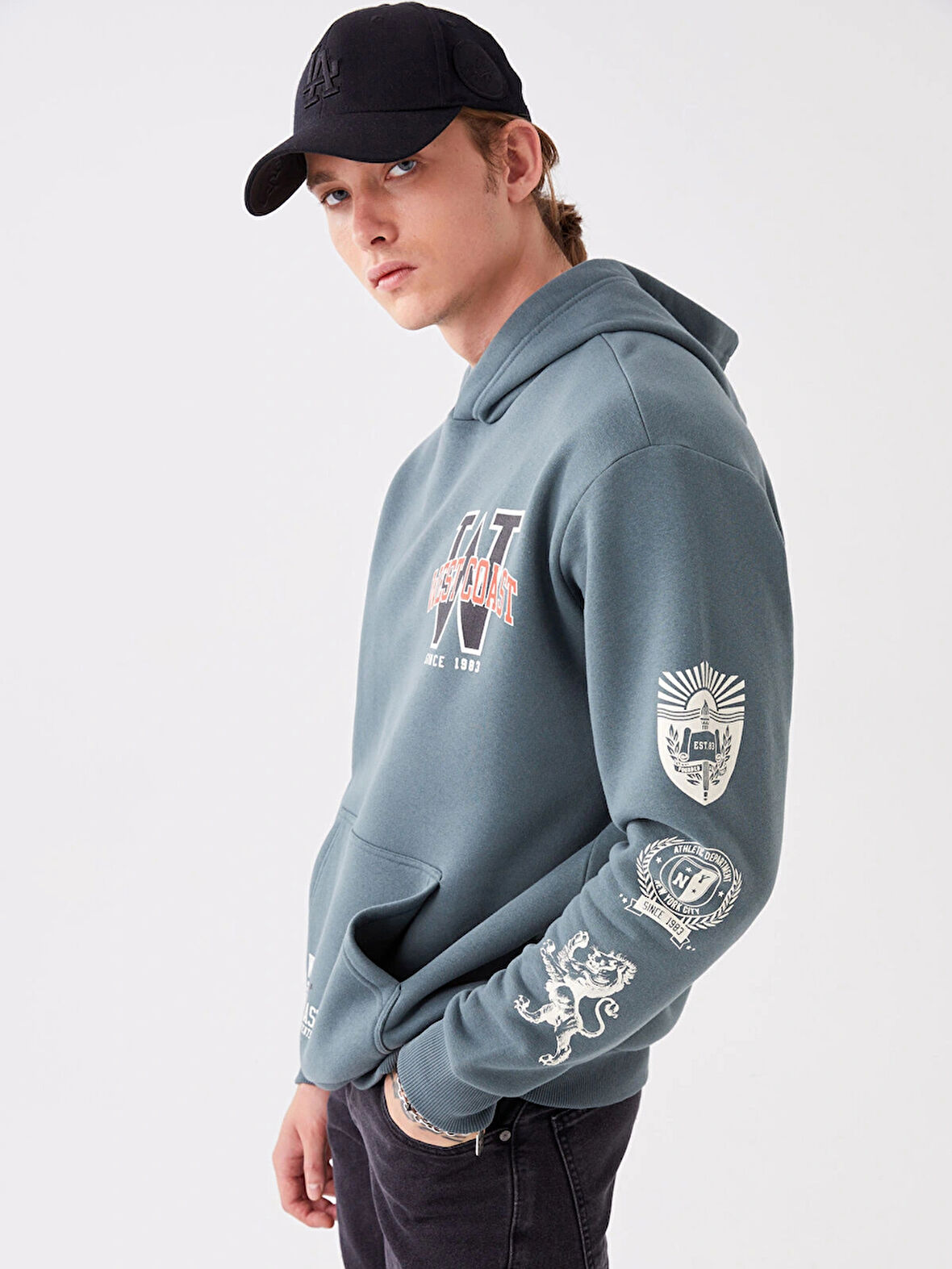 XSIDE Yeşil Uzun Kollu Baskılı Erkek Kalın Hoodie