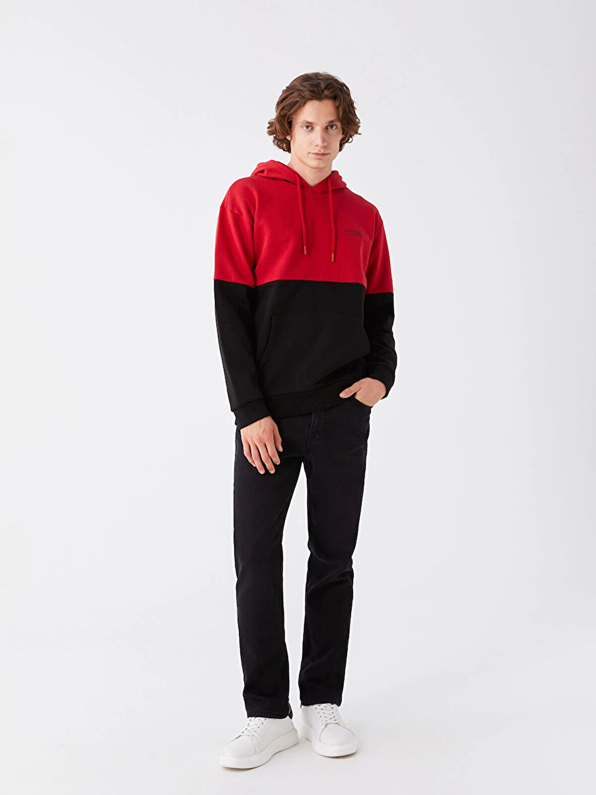 XSIDE Kırmızı Uzun Kollu Renk Bloklu Erkek Kalın Hoodie