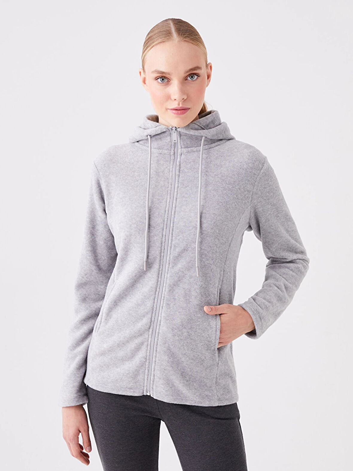 LCWAIKIKI Basic GRİ Kapüşonlu Düz Uzun Kollu Kadın Fermuarlı Sweatshirt