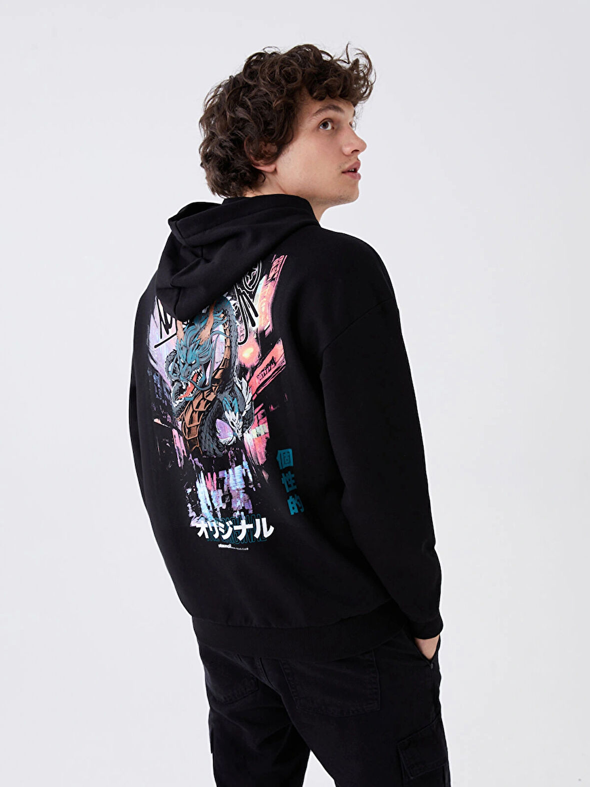 XSIDE Siyah Uzun Kollu Baskılı Erkek Kalın Hoodie