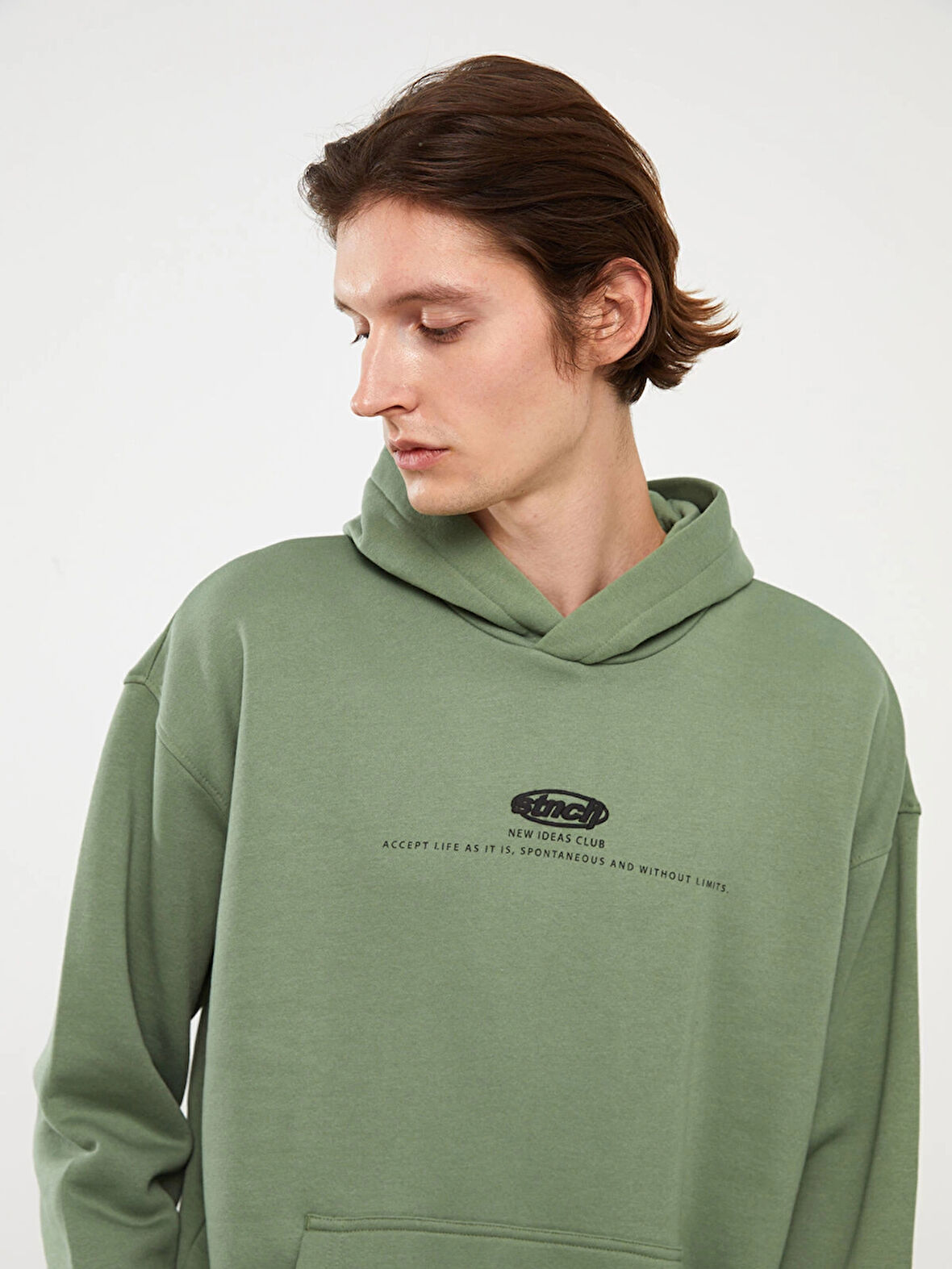 LCW Casual YEŞİL Uzun Kollu Baskılı Erkek Kalın Hoodie