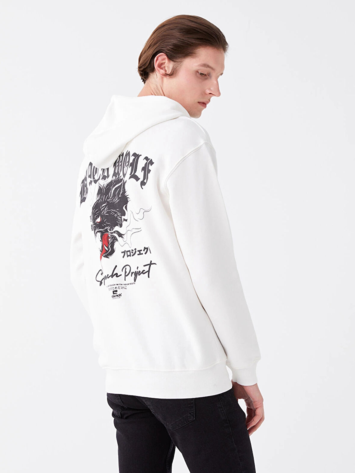 LCW Casual BEYAZ Uzun Kollu Baskılı Erkek Kalın Hoodie