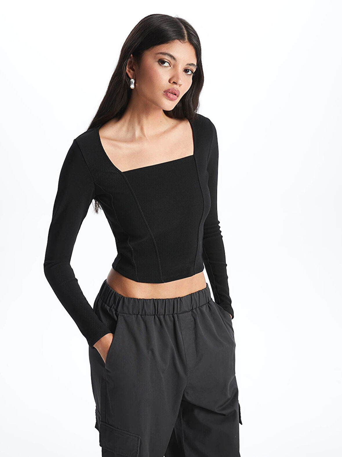 LCW Vision Siyah Kare Yaka Düz Uzun Kollu Ottoman Kadın Bluz