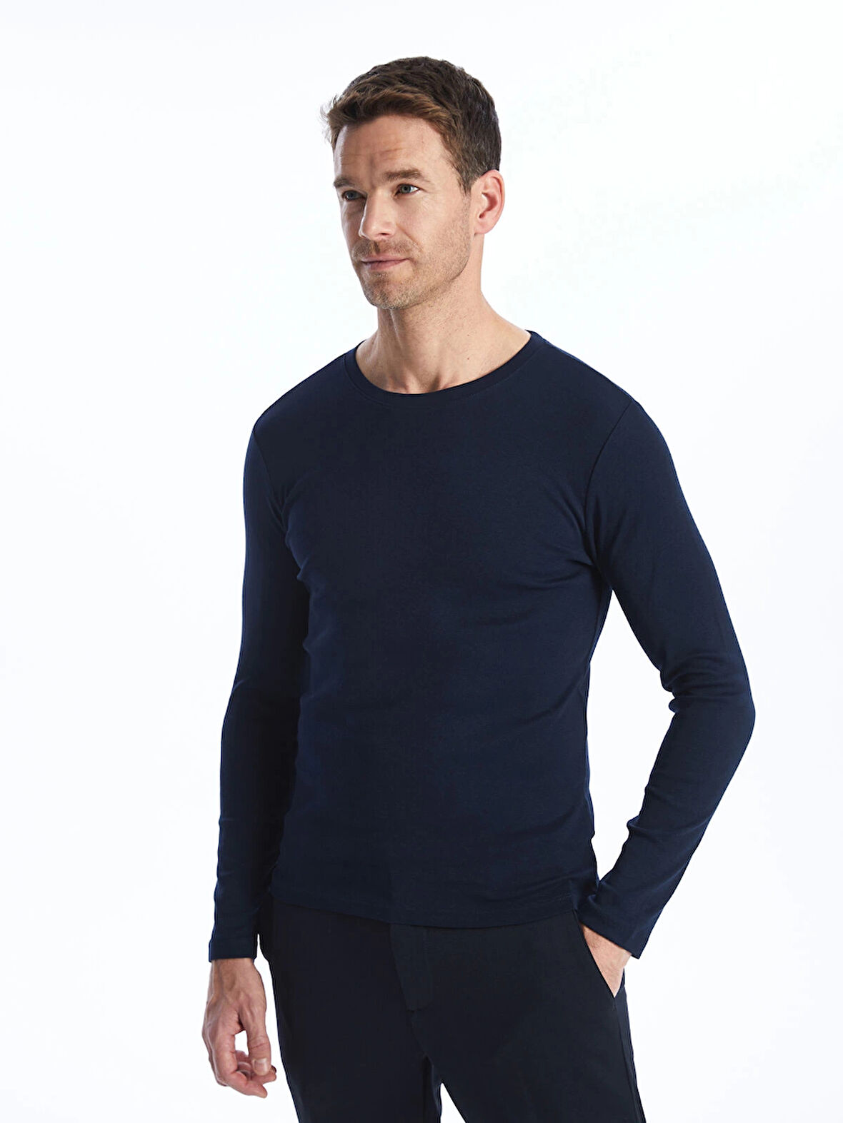 LCWAIKIKI Basic Lacivert Bisiklet Yaka Uzun Kollu Erkek Tişört