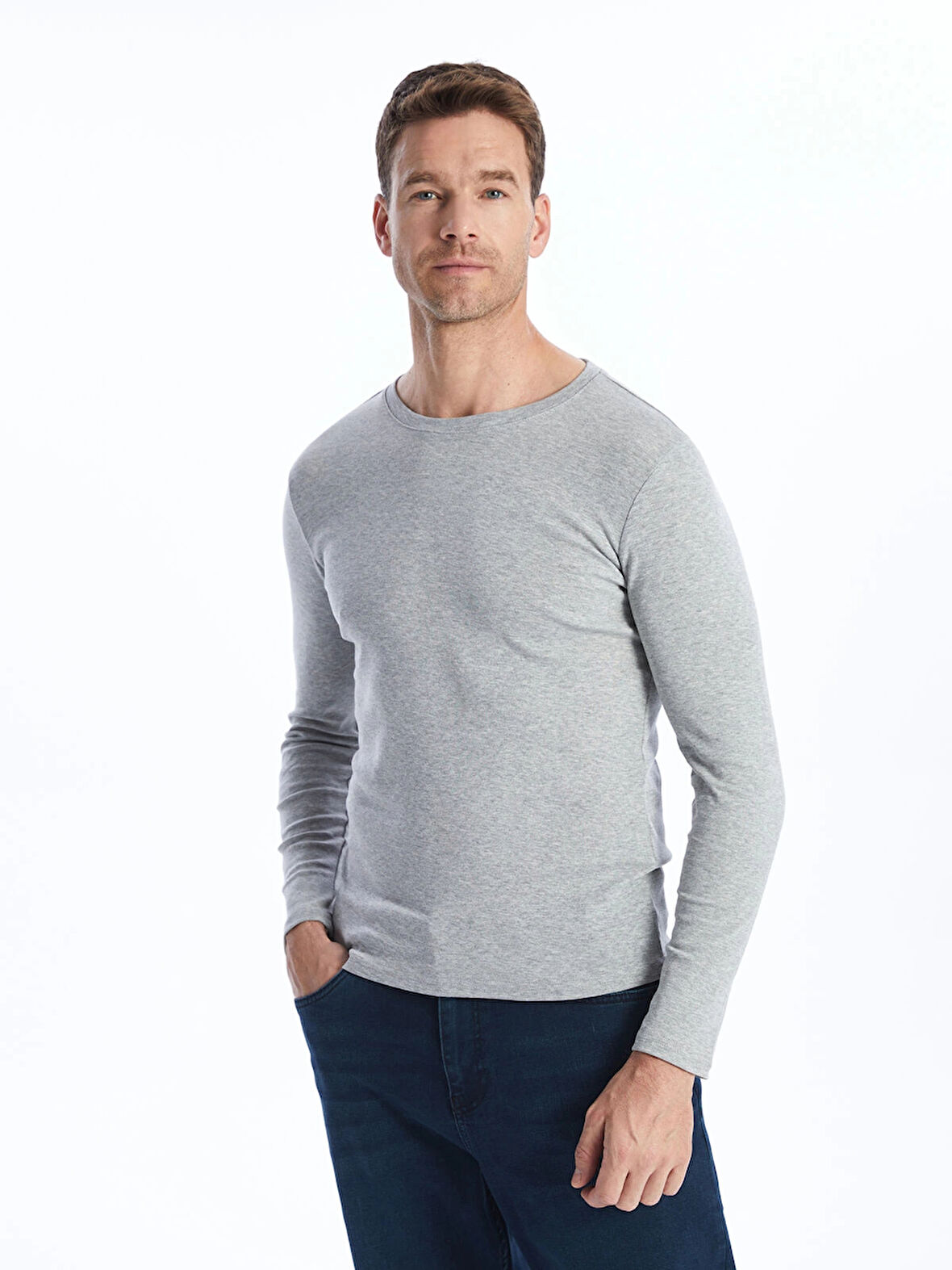 LCWAIKIKI Basic Gri Bisiklet Yaka Uzun Kollu Erkek Tişört