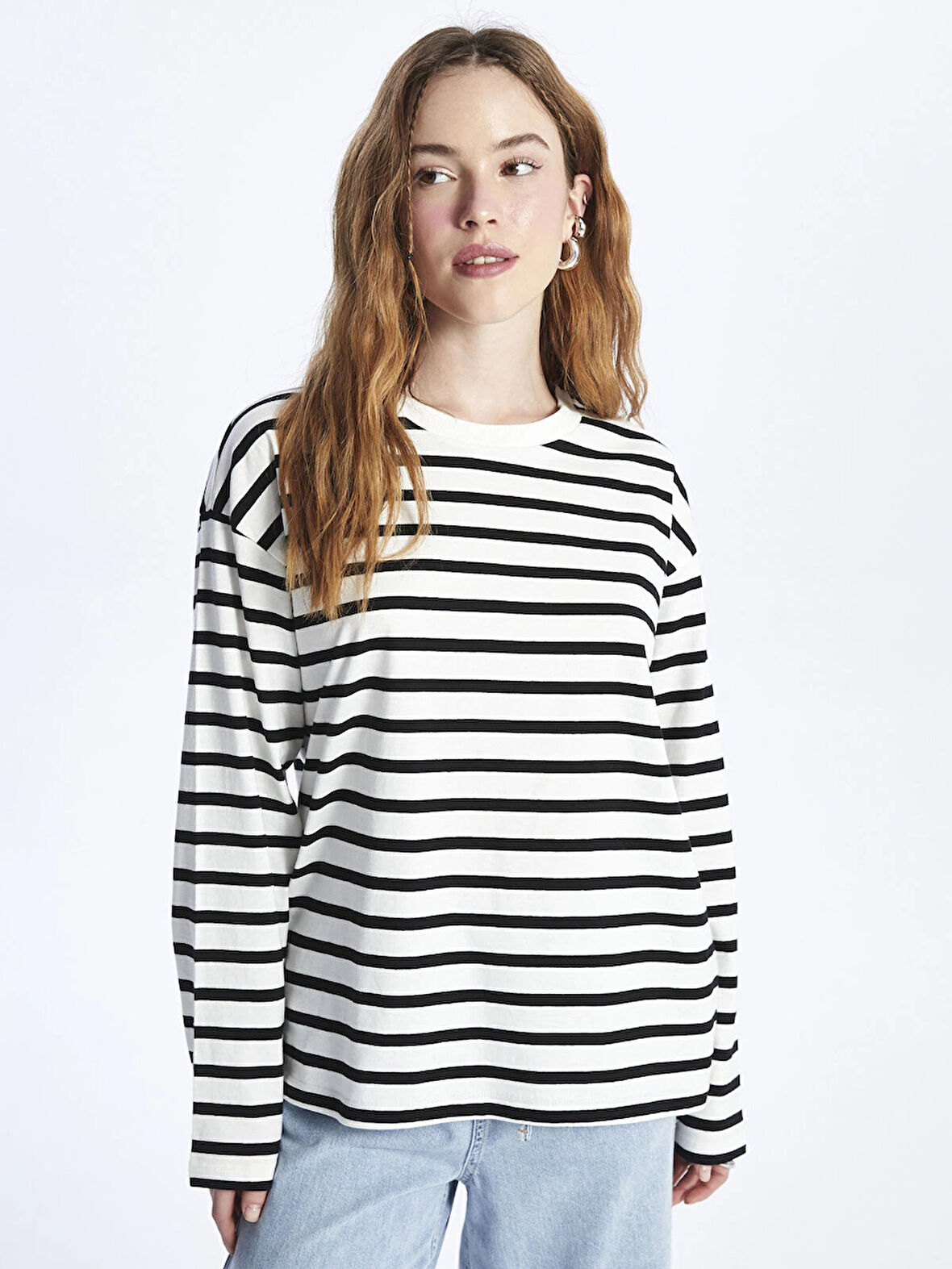 XSIDE Ekru Bisiklet Yaka Çizgili Uzun Kollu Kadın Tişört