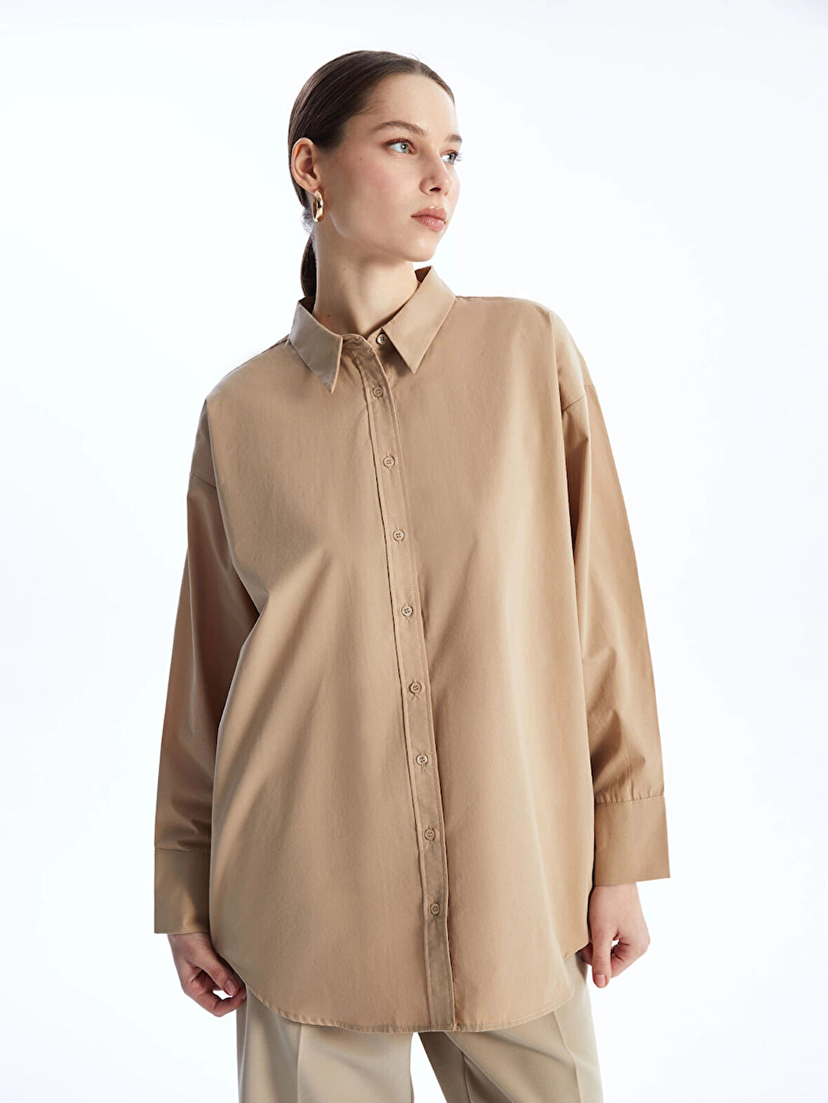 LCW Modest Kahverengi Düz Poplin Kadın Gömlek Tunik