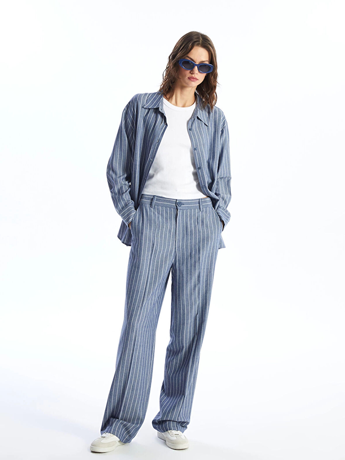 LCW Vision LACİVERT Standart Fit Çizgili Keten Karışımlı Kadın Pantolon