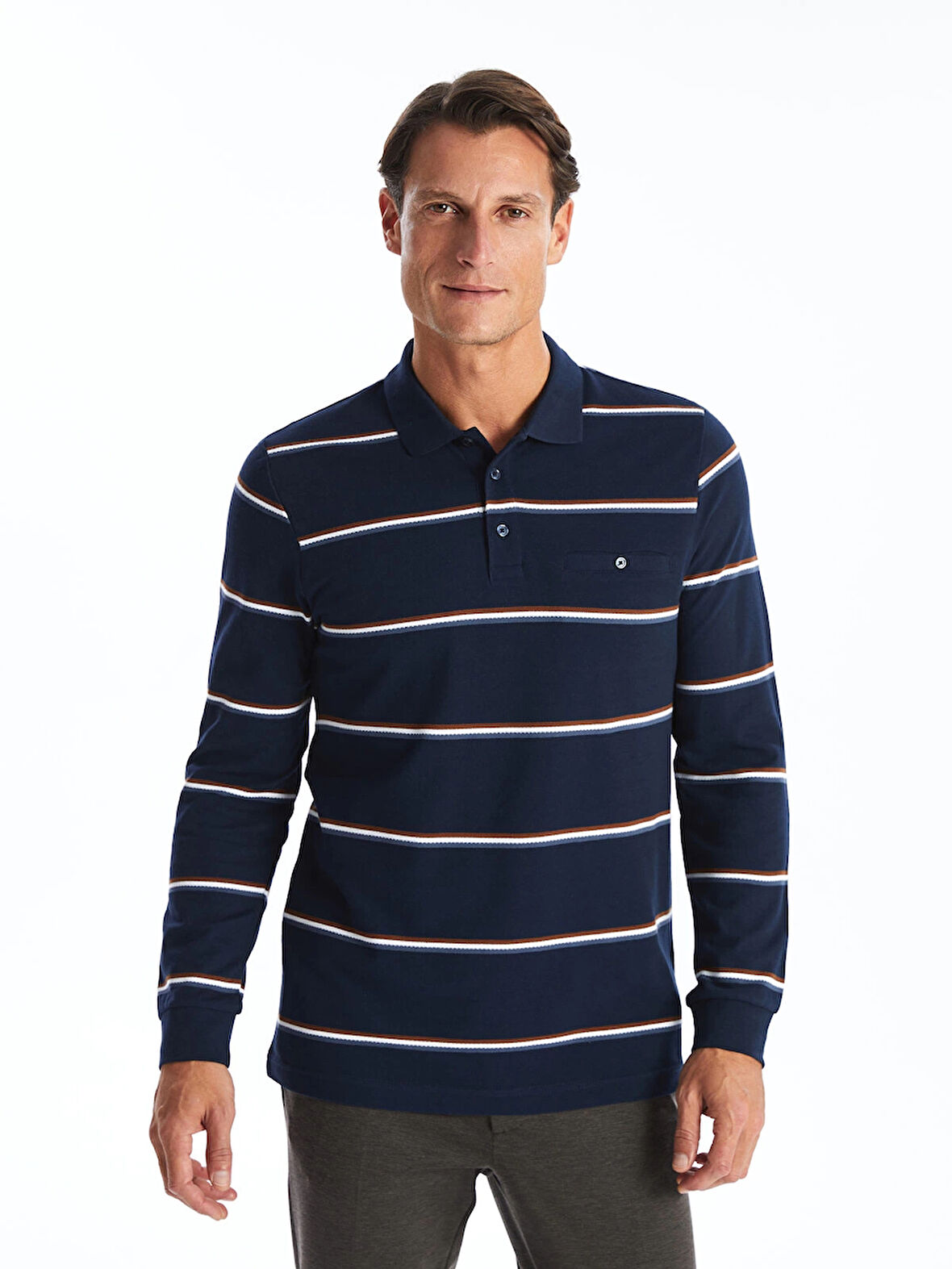 LCWAIKIKI Classic LACİVERT Polo Yaka Uzun Kollu Çizgili Erkek Sweatshirt