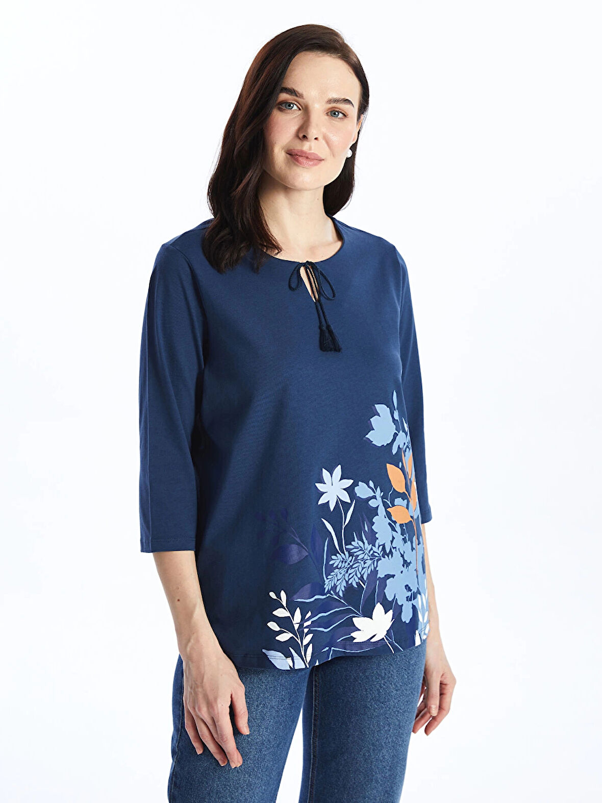 LCW Grace Indigo Bağlamalı Yaka Çiçekli Kadın Bluz