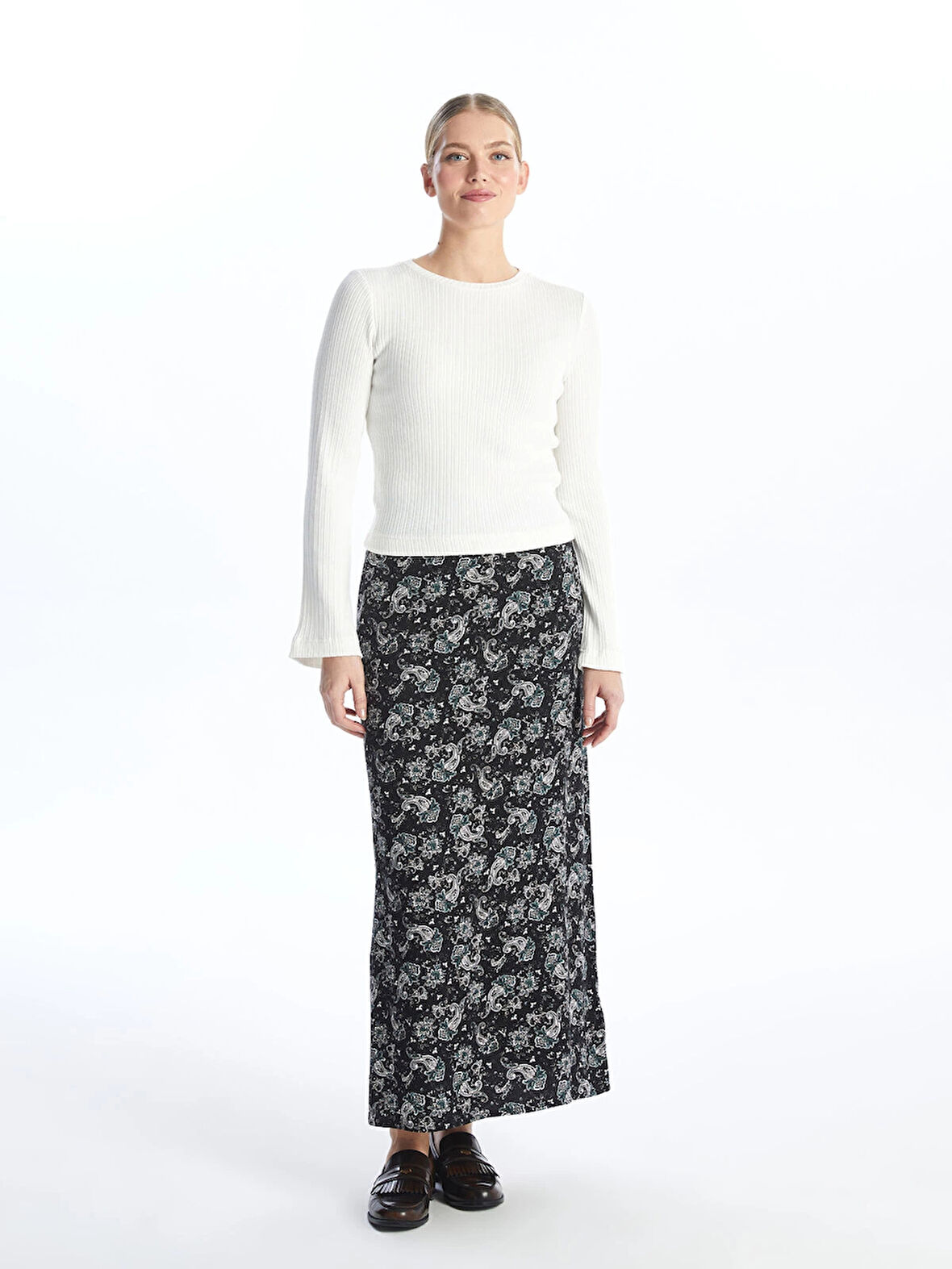 LCW Grace Siyah Beli Lastikli Desenli Kadın Etek