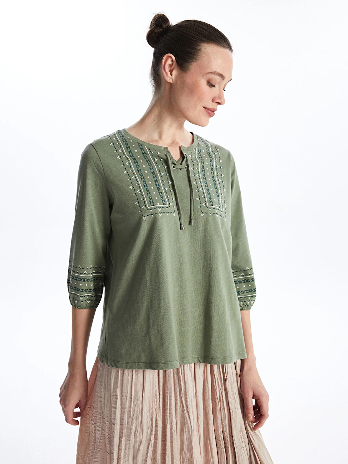 LCW Grace Haki Bağlamalı Yaka Desenli Kadın Bluz