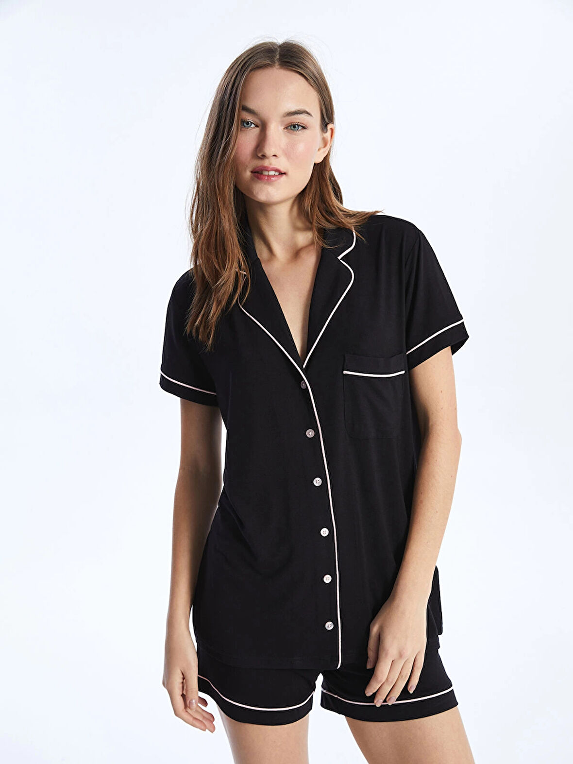 LCW DREAM Siyah Gömlek Yaka Düz Kısa Kollu Kadın Şortlu Pijama Takımı