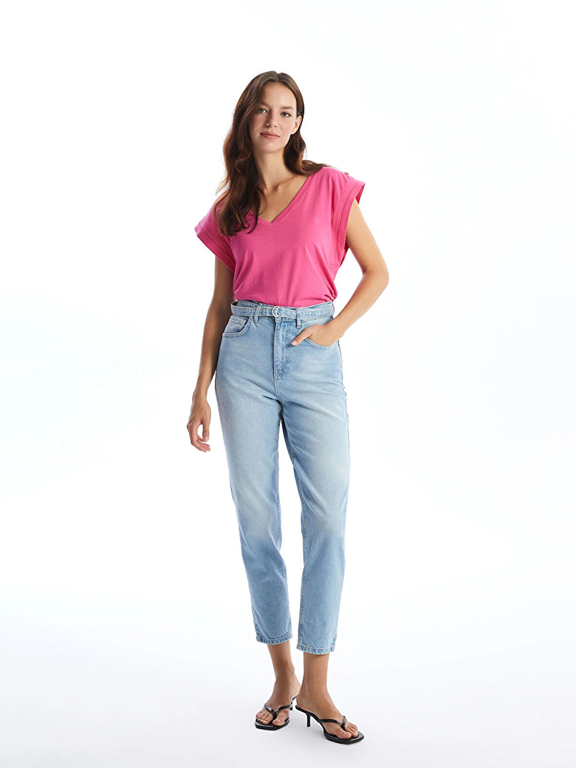 LCW Jeans Indigo Beli Kemerli Mom Fit Kadın Jean Pantolon