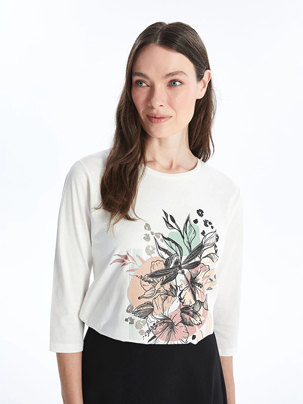 LCW Grace BEYAZ Bisiklet Yaka Baskılı Kadın Tişört