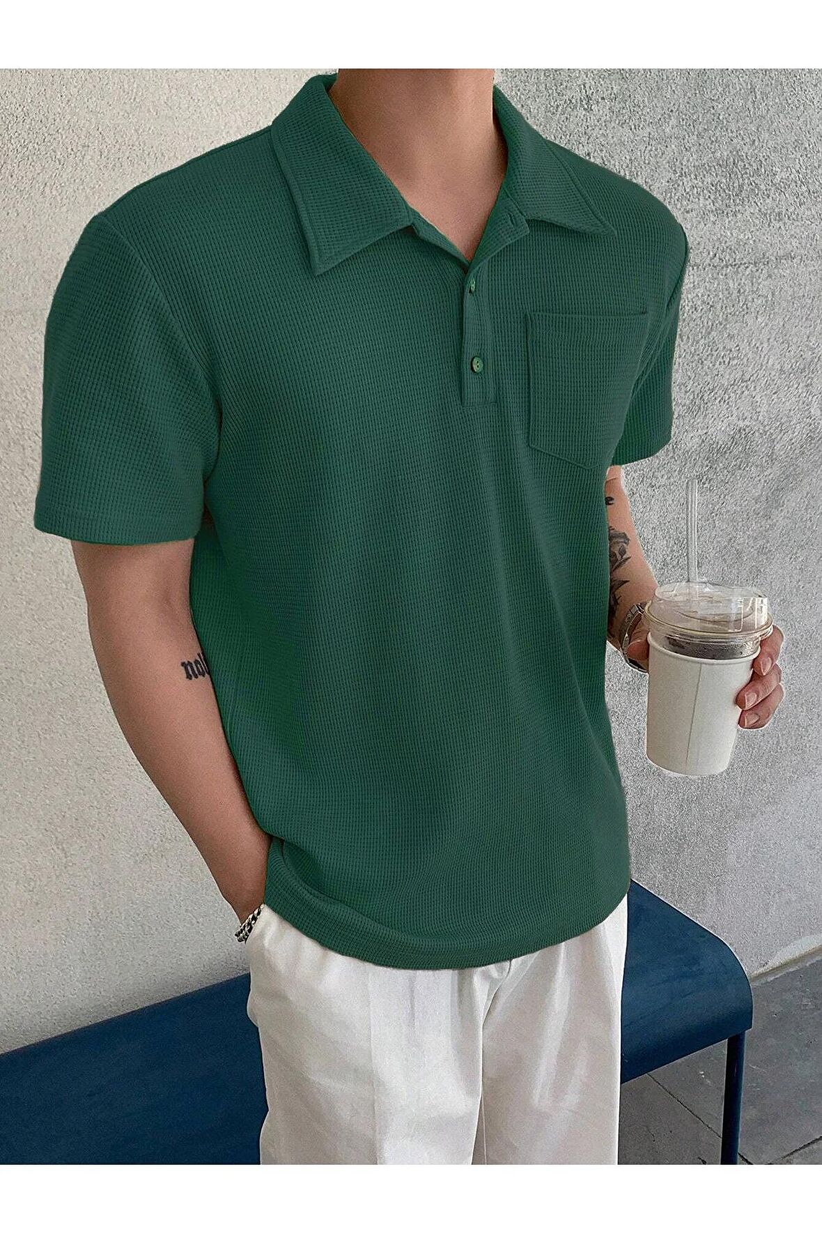 Erkek Oversize Polo Yaka  Waffle T-Shirt  POLOYAKA-DÜĞMELİ