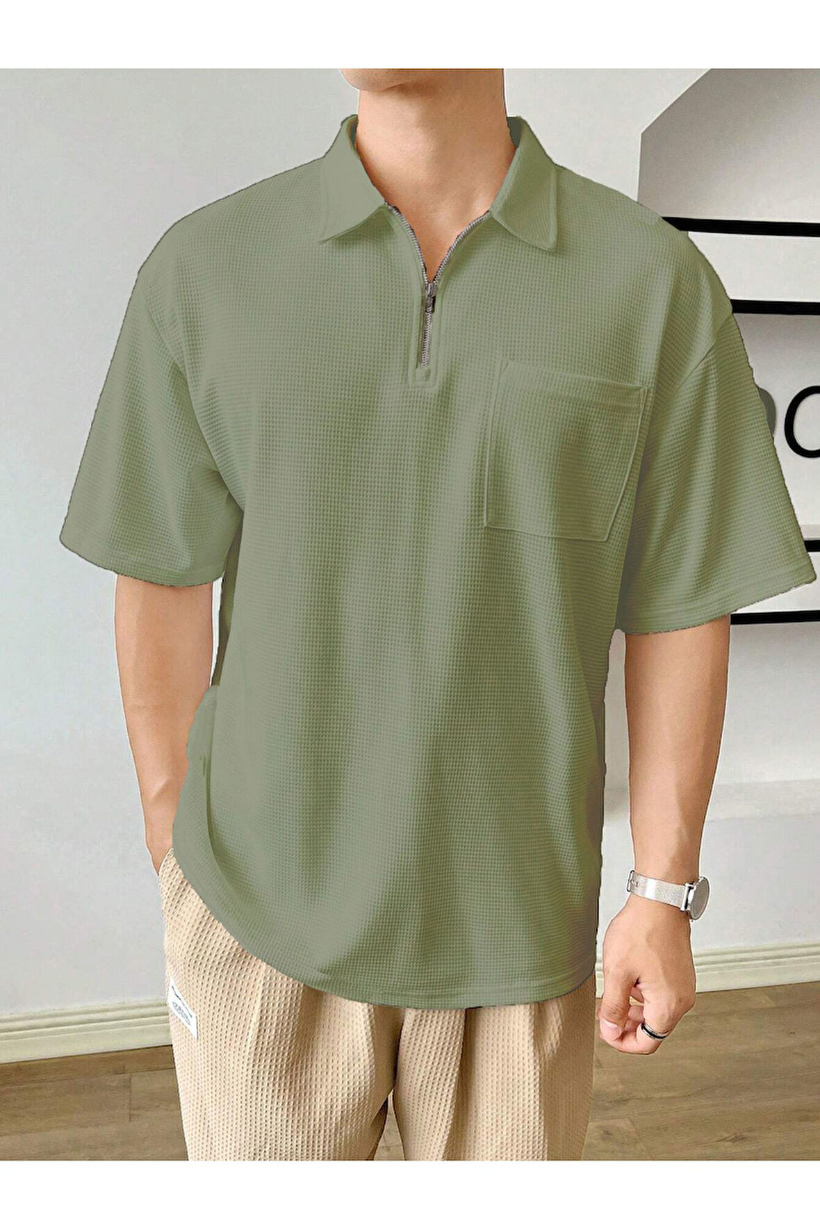 Erkek Oversize Polo Yaka Waffle T-Shirt  POLOYAKA-FERMUARLI