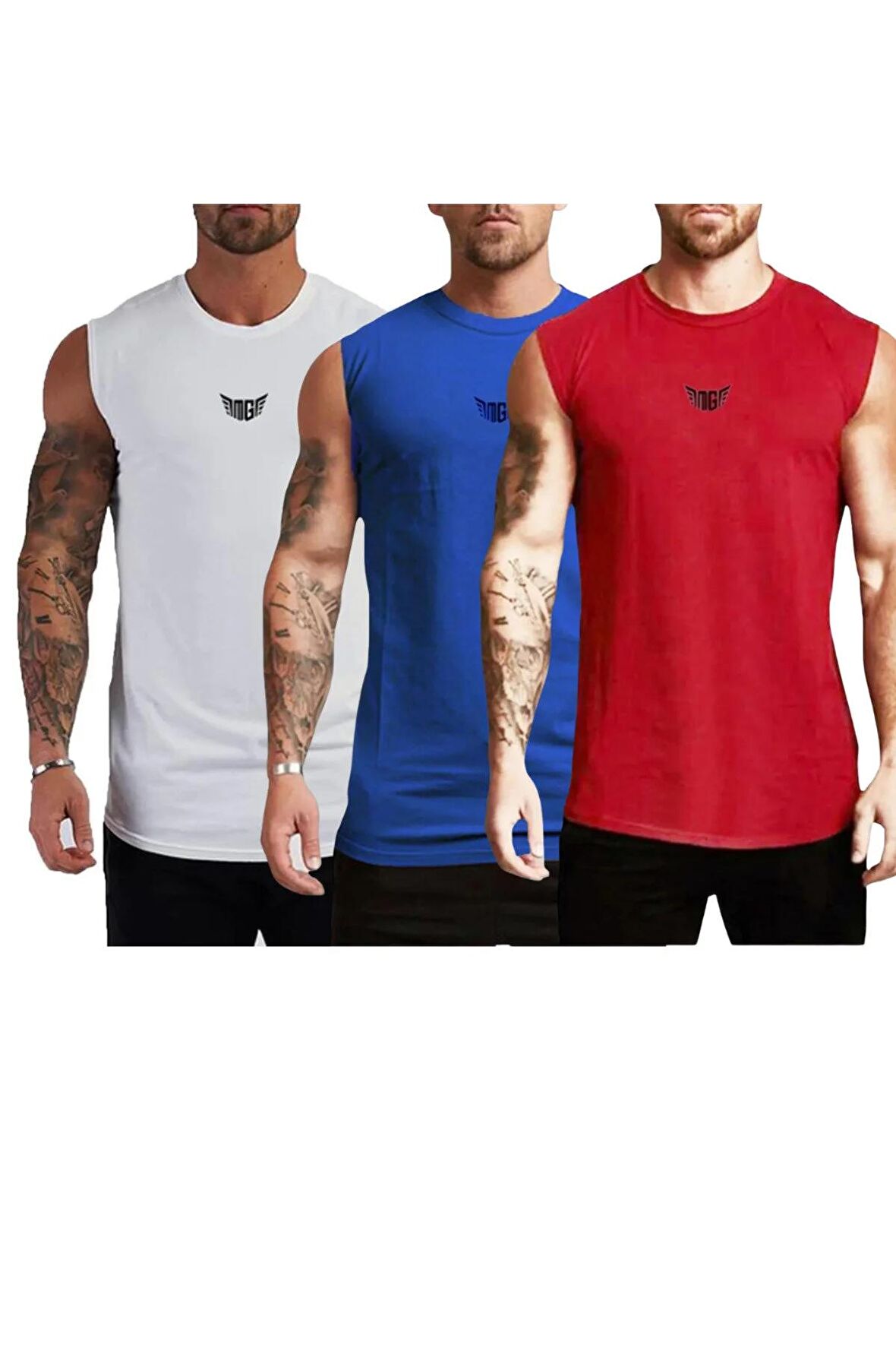 Erkek Hızlı Kuruma Atletik Performans Sporcu Sıfır Kol T-shirt MG-ATLET3  KIRMIZI-MAVİ-BEYAZ