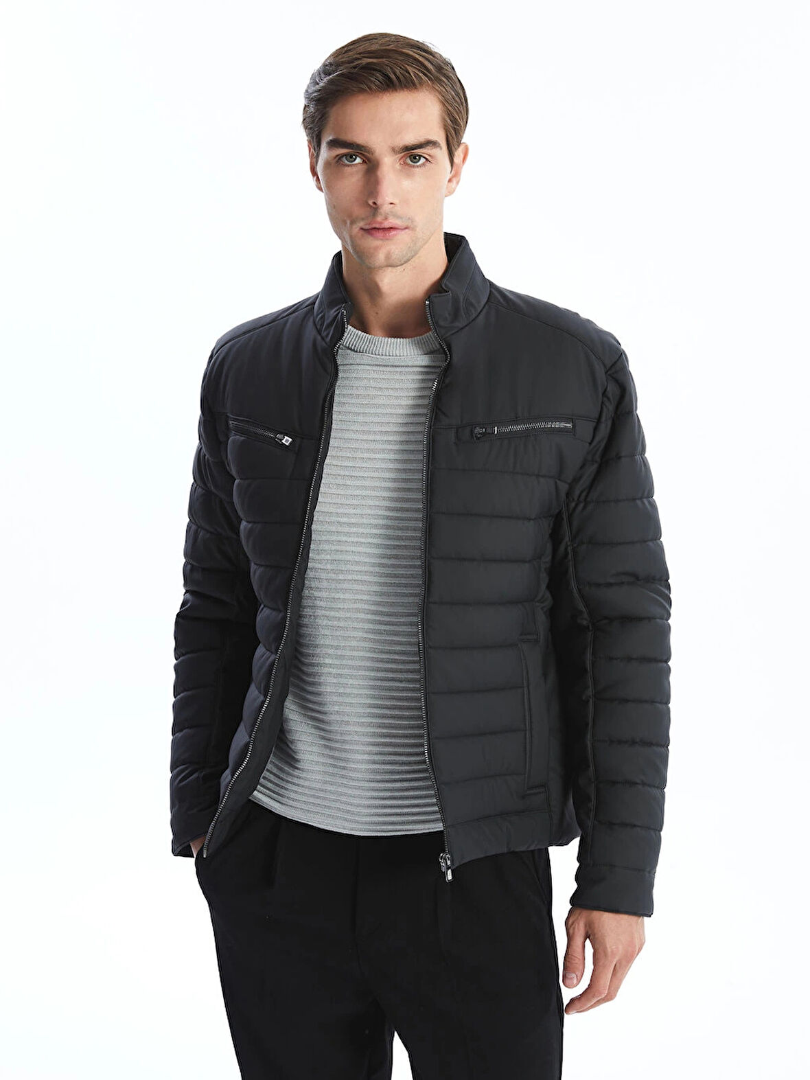 LCW Vision Siyah Slim Fit Dik Yaka Erkek Deri Görünümlü Mont