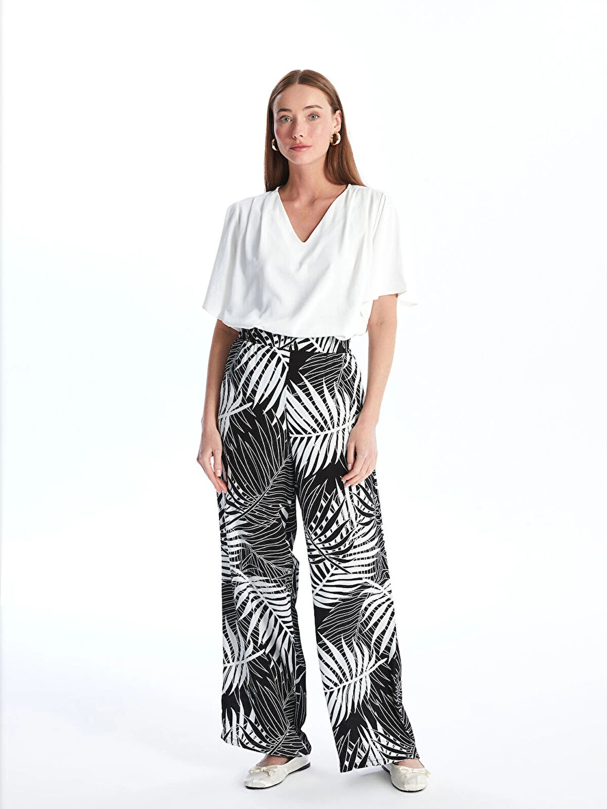 LCWAIKIKI Classic Kahverengi Beli Lastikli Rahat Kalıp Desenli Kadın Pantolon