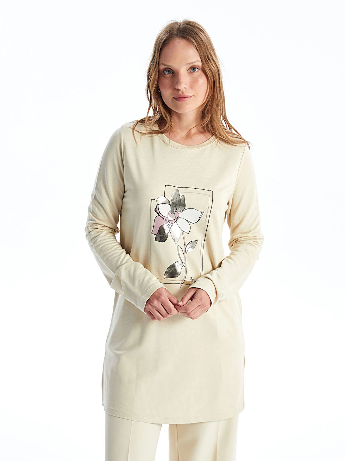 LCWAIKIKI Basic BEJ Bisiklet Yaka Baskılı Kadın Sweatshirt Tunik