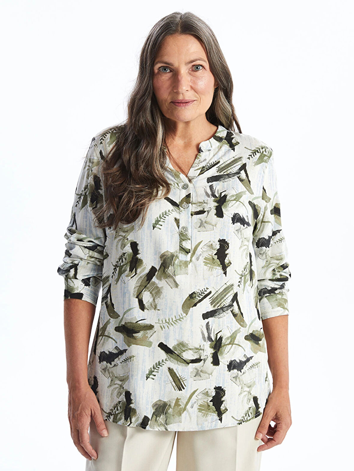 LCW Grace Haki Kaçık Yaka Desenli Kadın Bluz