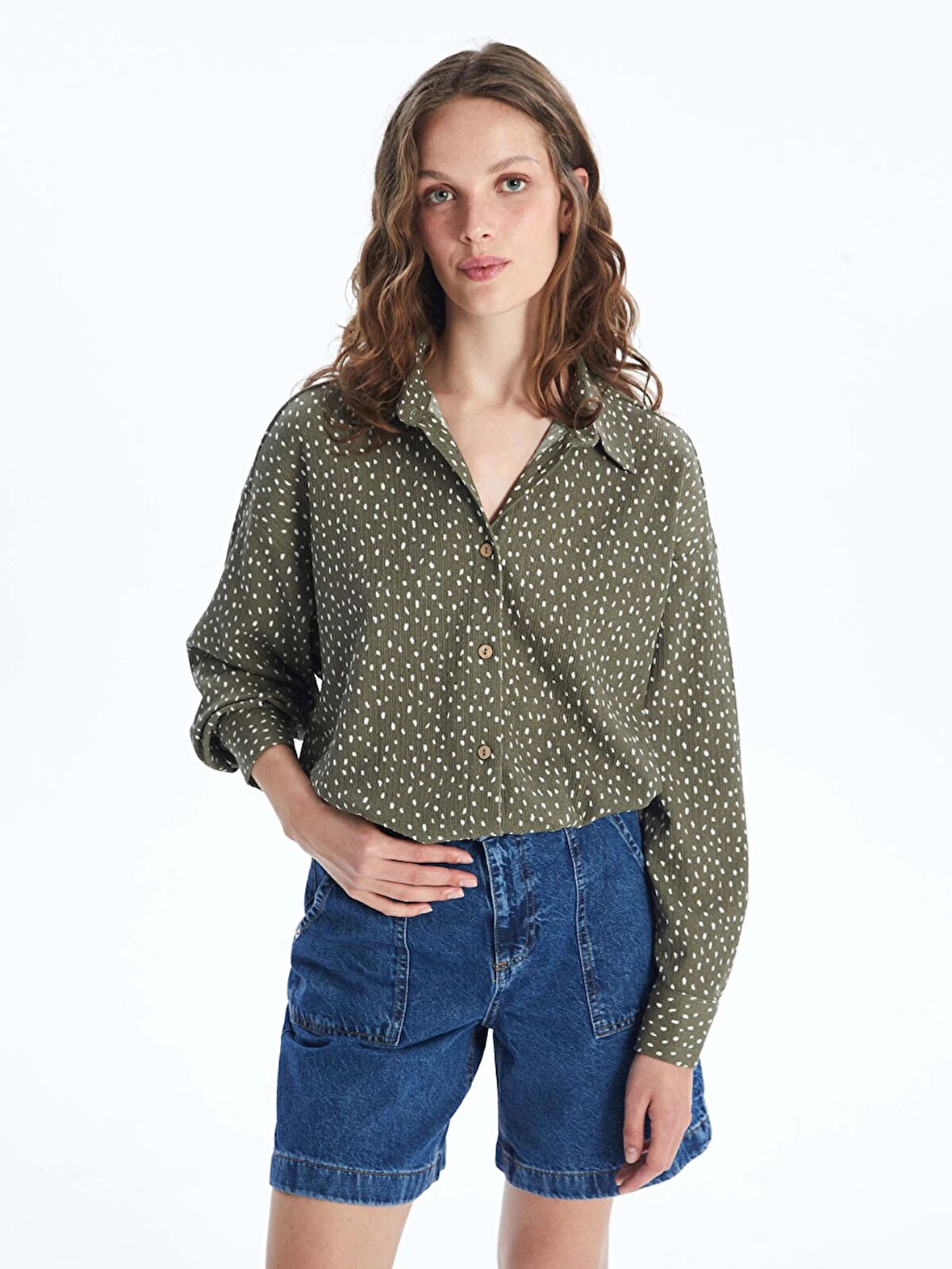 LCW Vision Yeşil Desenli Uzun Kollu Oversize Kadın Gömlek