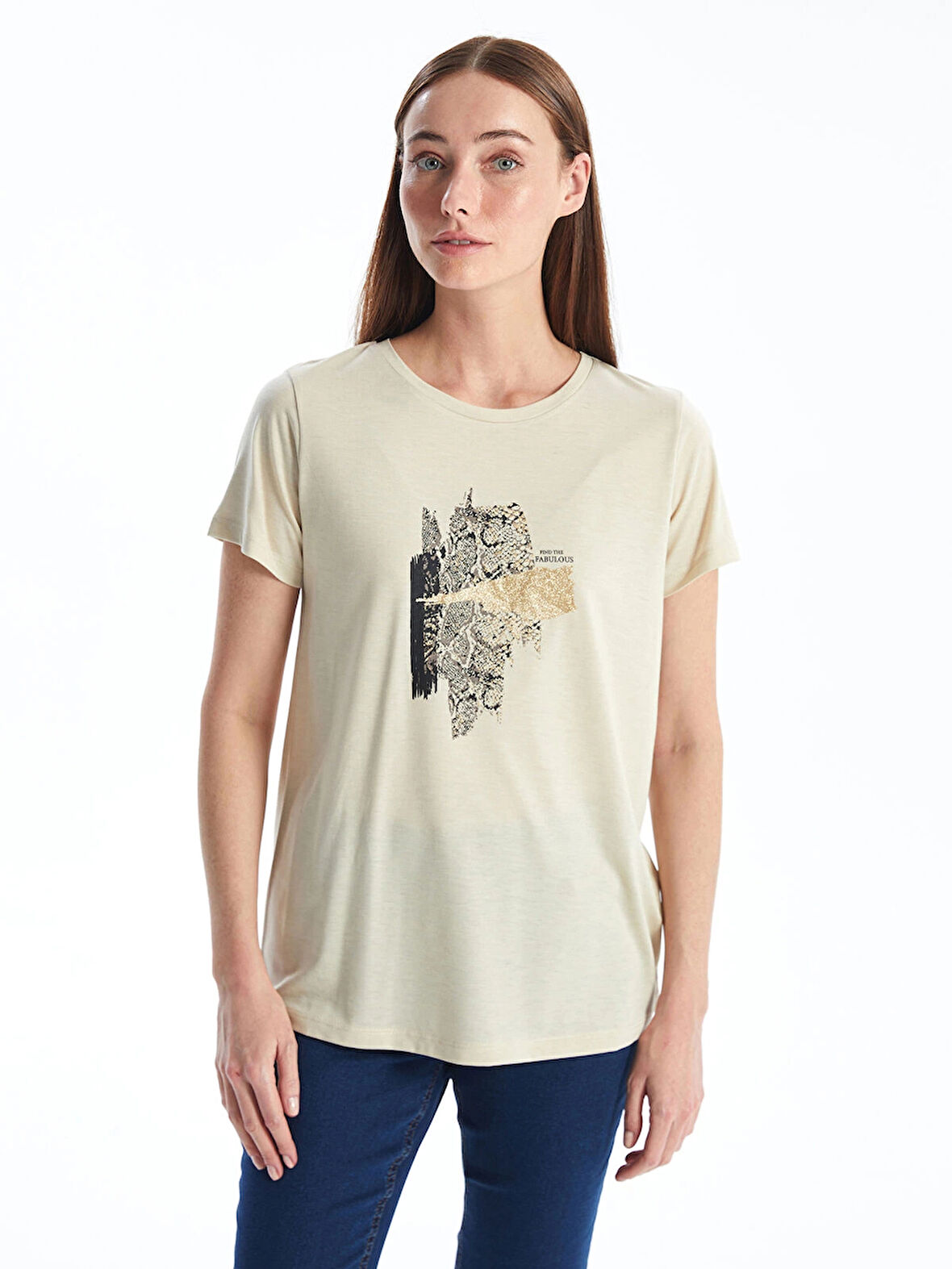 LCWAIKIKI Classic Bej Bisiklet Yaka Baskılı Kısa Kollu Kadın Tişört