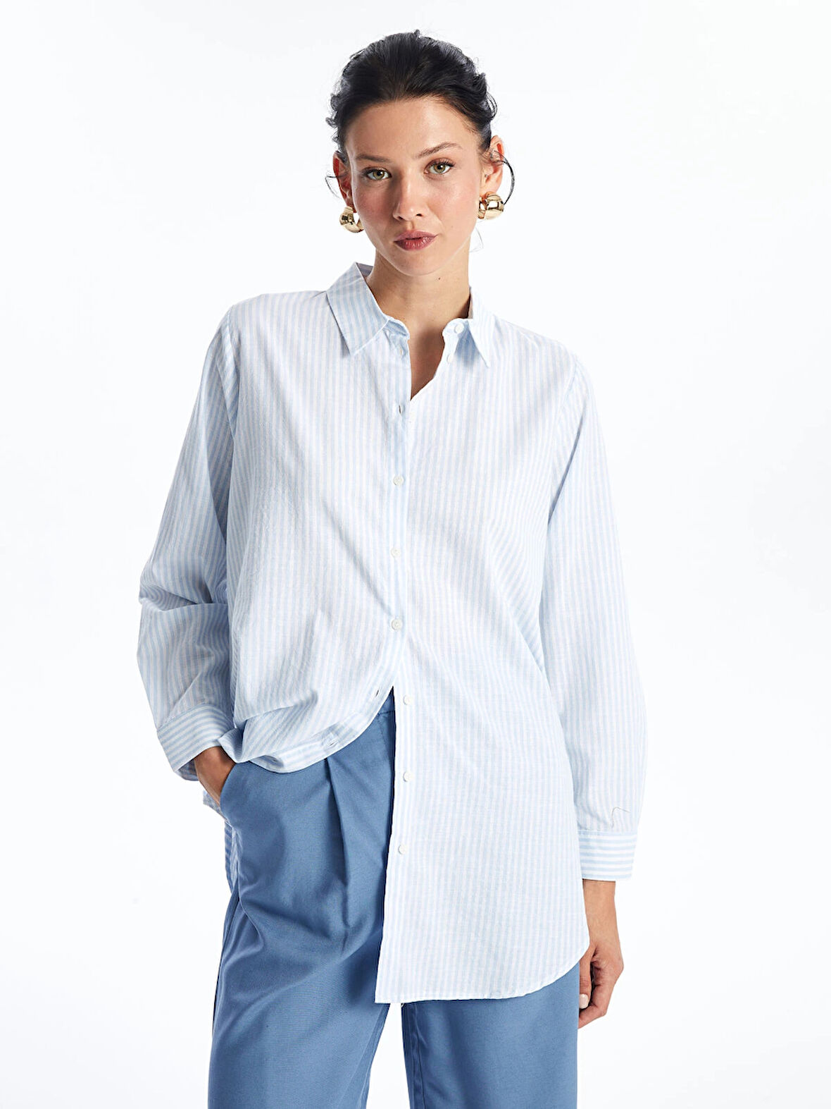 LCWAIKIKI Classic LACİVERT Çizgili Kadın Gömlek Tunik