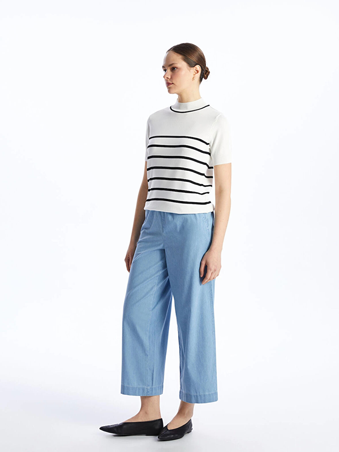 LCW Modest Indigo Beli Lastikli Wideleg Kadın Jean Pantolon