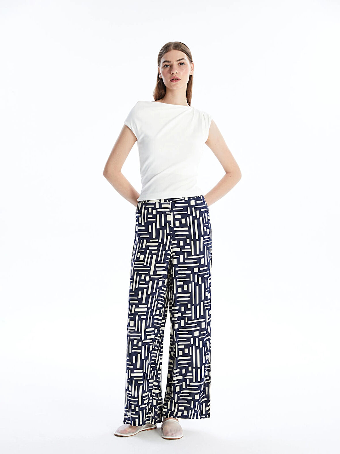 LCW Modest Mavi Beli Lastikli Desenli Kadın Palazzo Pantolon