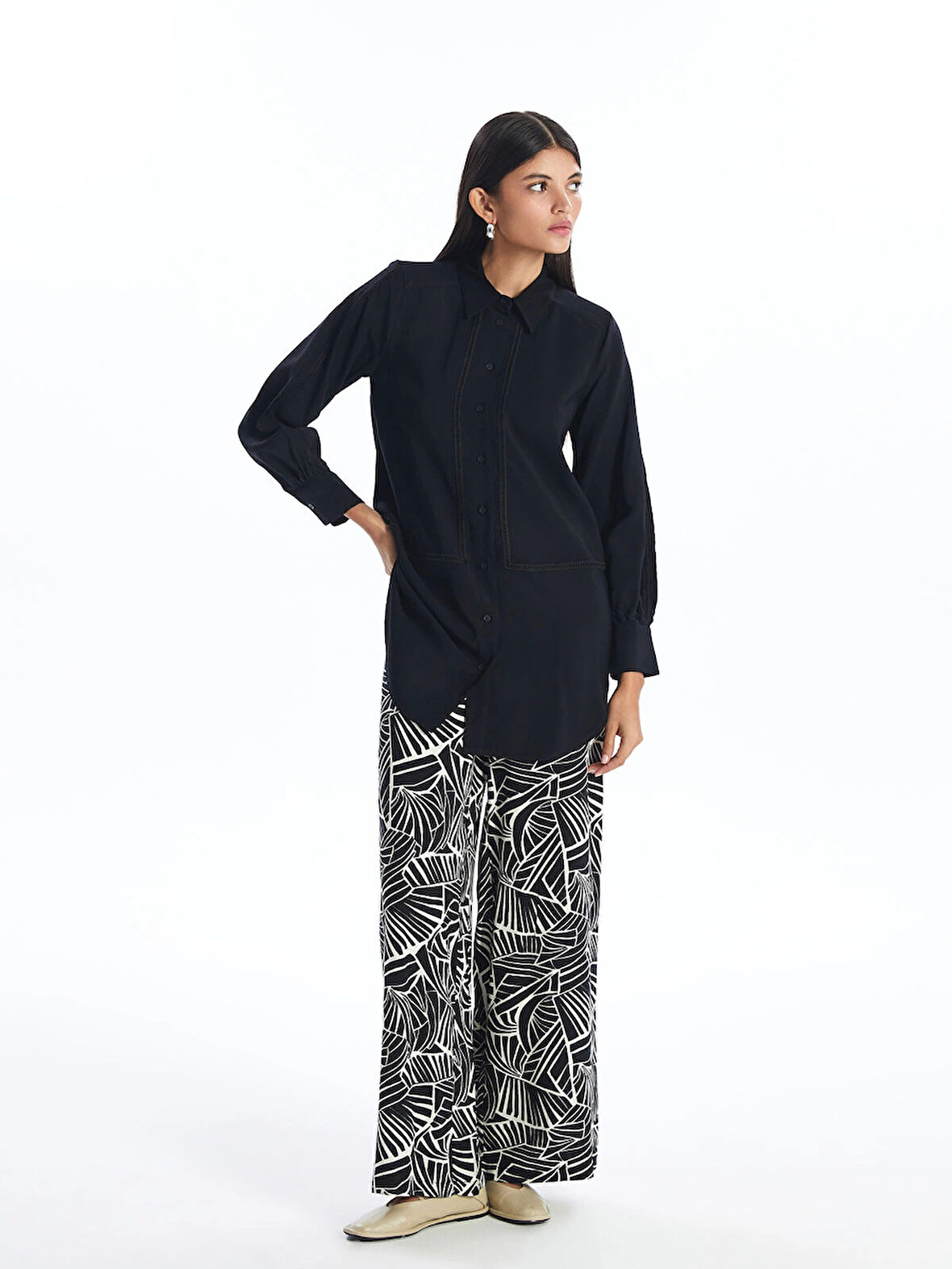 LCW Modest Siyah Beli Lastikli Desenli Kadın Palazzo Pantolon