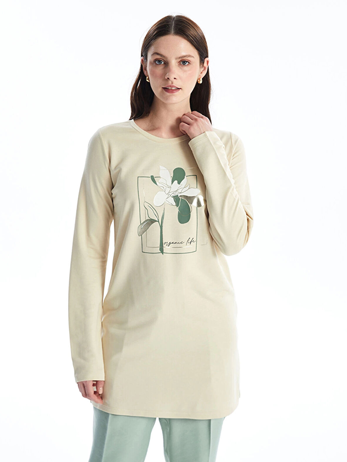 LCWAIKIKI Basic BEJ Bisiklet Yaka Baskılı Kadın Tunik