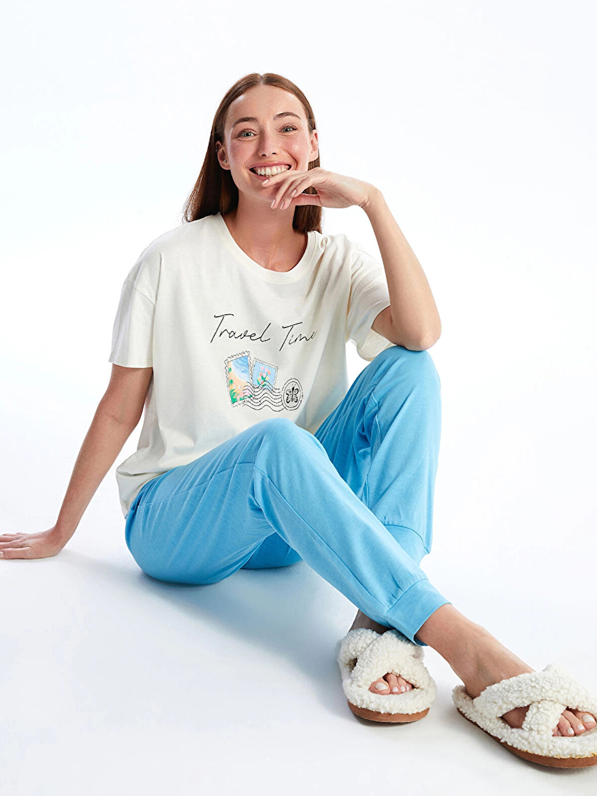 LCW DREAM MAVİ Bisiklet Yaka Baskılı Kısa Kollu Kadın Pijama Takımı