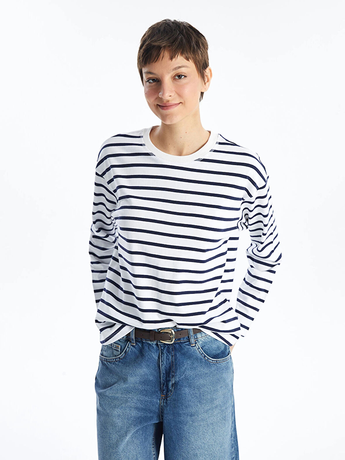 LCW Vision LACİVERT Bisiklet Yaka Çizgili Kadın Tişört