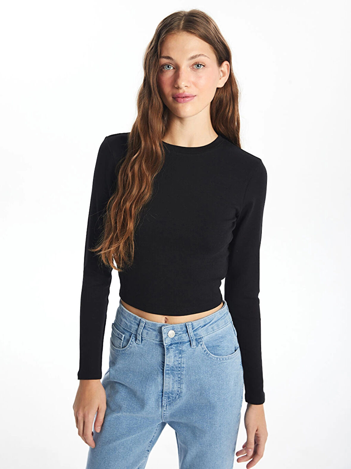 XSIDE Siyah Bisiklet Yaka Düz Uzun Kollu Kadın Body