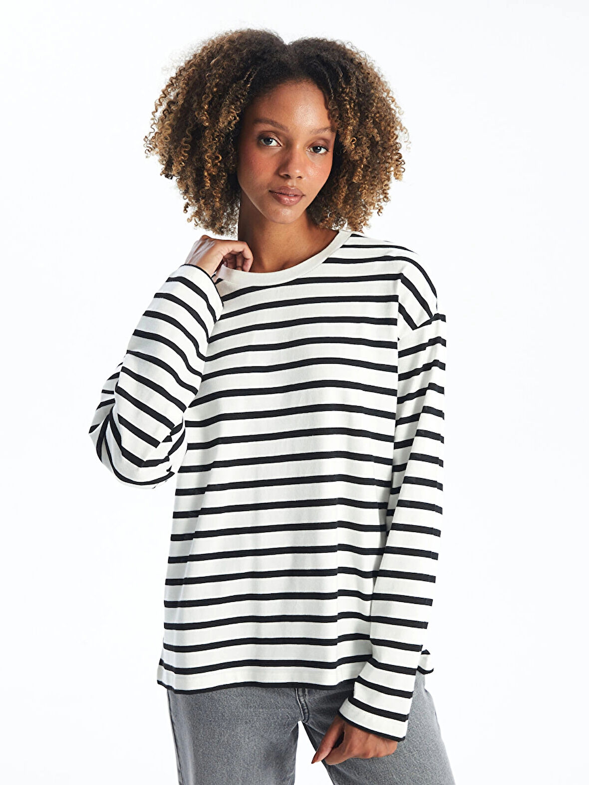 XSIDE EKRU Bisiklet Yaka Çizgili Uzun Kollu Kadın Tişört