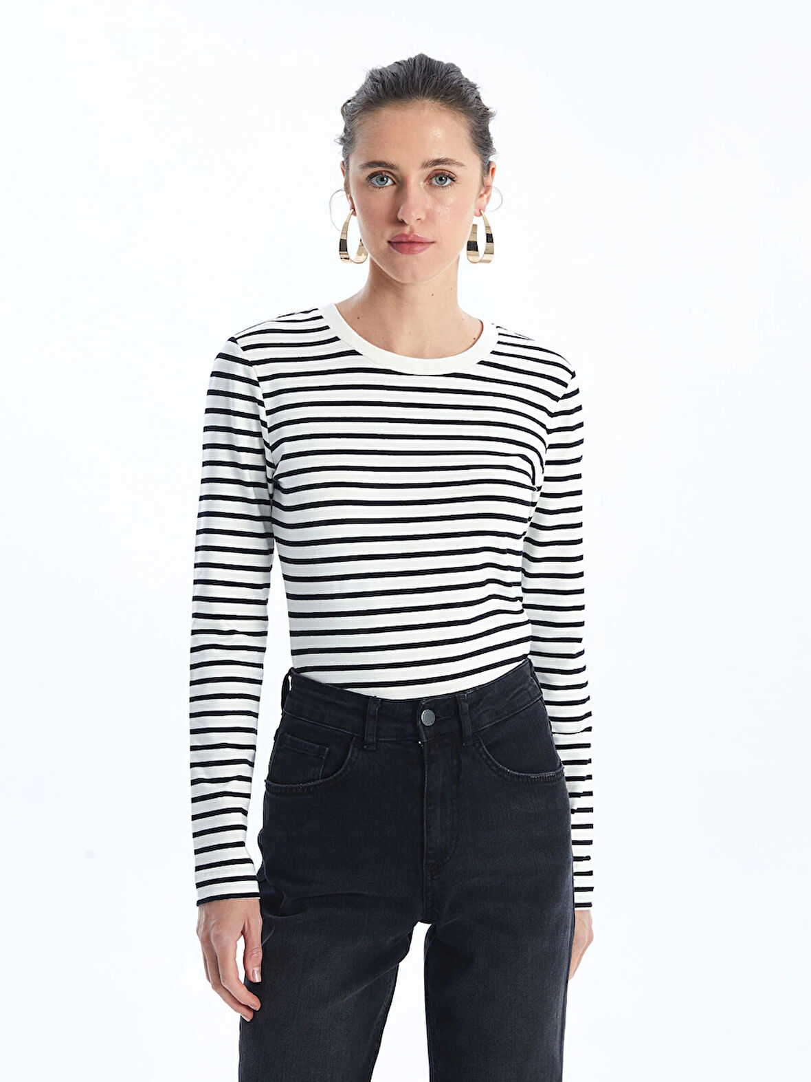 LCW Vision Siyah Bisiklet Yaka Çizgili Uzun Kollu Kadın Body