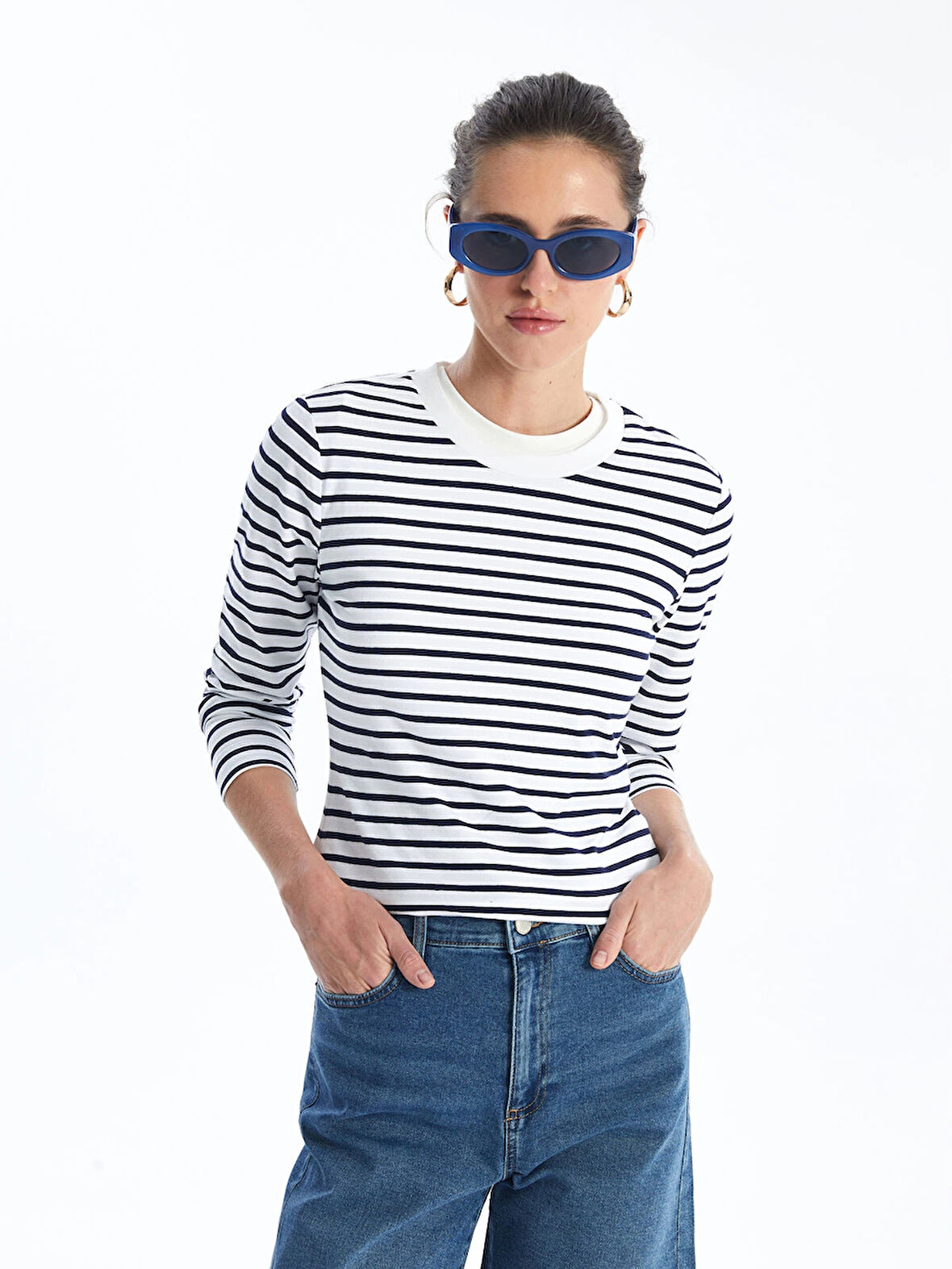 LCW Vision Lacivert Bisiklet Yaka Çizgili Uzun Kollu Kadın Body