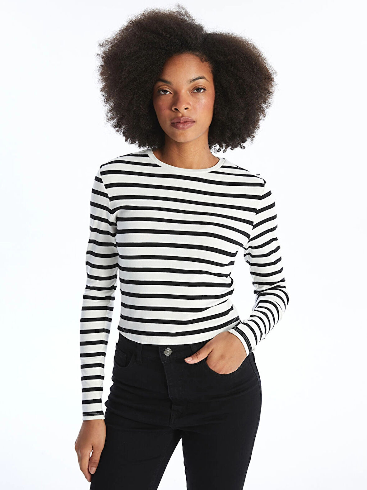 XSIDE Ekru Bisiklet Yaka Çizgili Uzun Kollu Kadın Body